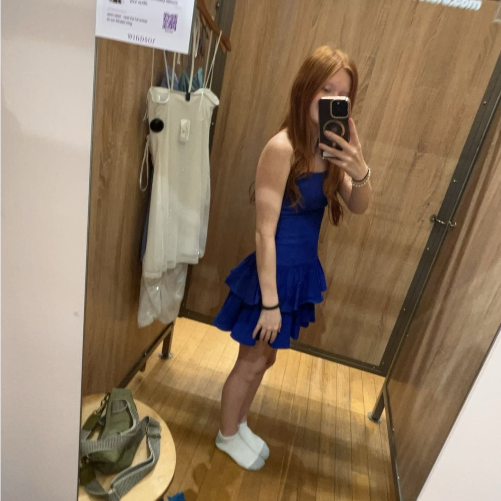 Blue Windsor Strapless Ruffle Dress